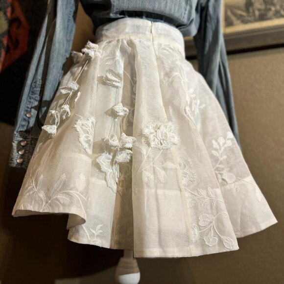 Zimmermann Postcard Appliqué 3D Flower Silk Linen Skirt Ivory RARE - Picture 6 of 8